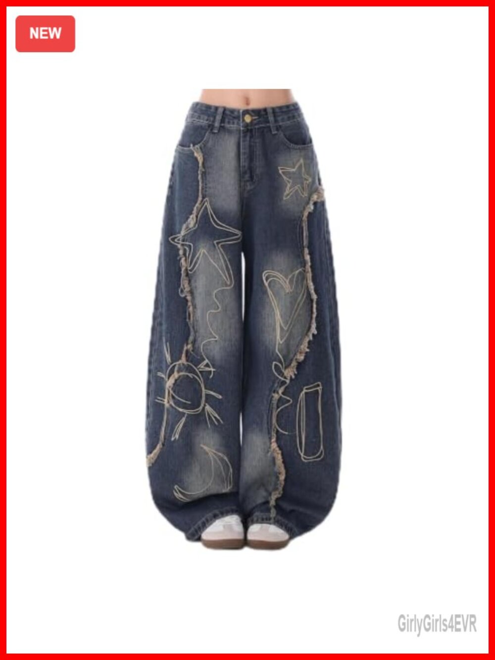 Y2K Embroidered Barrel Star Baggy Jeans Low Rise Wide Leg Loose Denim